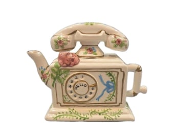 Vintage Ceramic Telephone Teapot, Floral Retro Teapot Decor, Cottagecore Kitchen Collectible 7 in