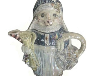 Vintage Bunny Teapot | Iridescent Ceramic Rabbit Teapot | Cottagecore Collectible Kitchen Decor Hand Painted
