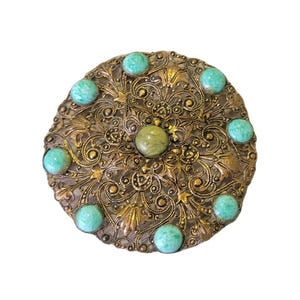 Stunning 1920s Chezek Possibly Neiger brooch peking glass antique Vintage Antique Jewelry Greens and Gold Toned with Filigree Swirl Backing