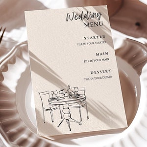 Modelo de cardápio de casamento, cartão de cardápio divertido desenhado à mão, cardápio inspirado no glamour antigo e vintage, ilustração editável para mesa de casamento
