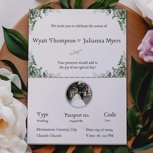 パスポートの結婚式招待状 | 搭乗券の日付を保存 | 目的地テーマカード | Canva 編集可能テンプレート | 旅行ロマンス