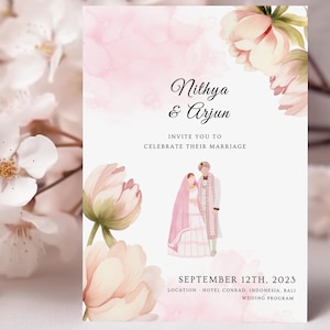 Indiase roze huwelijksuitnodiging, hindoe-save the date-sjabloon, koninklijke bruiloft uitnodigen, Haldi, Sangeet, huwelijksceremonie canva kaart