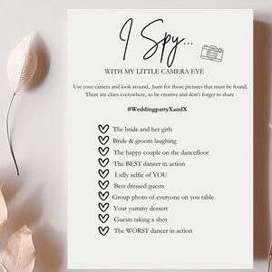 Fun Wedding Game, I Spy Guests Reception Game, Wedding Photo Hunt Template, Wedding Fun Activities, Bridal Shower Game, Wedding Table Games