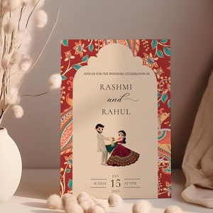 Convite de casamento indiano | Modelo de reserva de data hindu | Convite de casamento real vermelho escuro | Haldi, Sangeet, cartão Canva para cerimônia de casamento