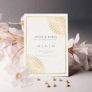 Convite de casamento indiano | Modelo de reserva de data hindu | Convite de casamento real dourado | Haldi, Sangeet, cartão Canva para cerimônia de casamento