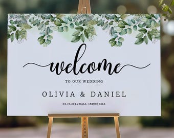 Modelo de placa de boas-vindas para casamento com vegetação (download digital)