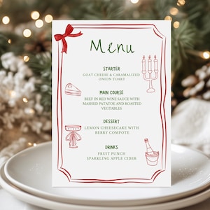 Menusjabloon kerstdiner, feestkaart golf, kerstmenu, grillig menu handgetekende, instant download bewerkbare canva