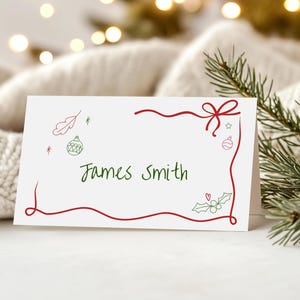 Plaatskaarten kerstdiner, grillige naamkaartje feestdag, sjabloon voor voedseletiket, handgetekende strik naamplaatje, bewerkbare Instant Download