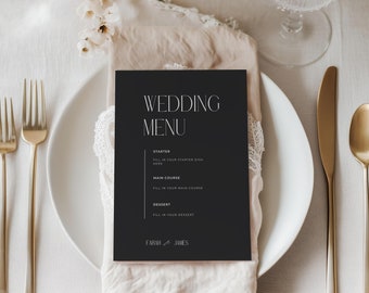 Elegant Black Wedding Menu Template, Minimalist Script (Digital Download)
