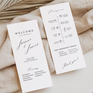 Könnte beinhalten: Zwei elegante Hochzeitskarten auf neutralem Hintergrund. Das linke Programm lautet "Willkommen zur Hochzeit von Joanne & James" mit Datum und Ort. Das rechte Programm listet den Zeitplan und "Sehr wichtige Personen" auf.