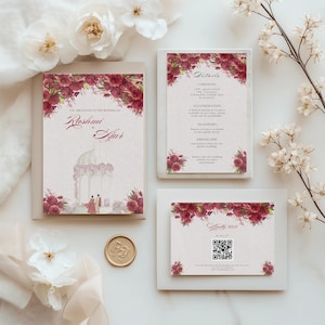 以下が含まれることがあります： メインカード、詳細カード、QRコード付きの返信カードからなる結婚式の招待状セット。文房具には、濃い赤の花のイラスト、ガゼボのグラフィック、RashmiとAjurという名前のテキストが印刷されています。