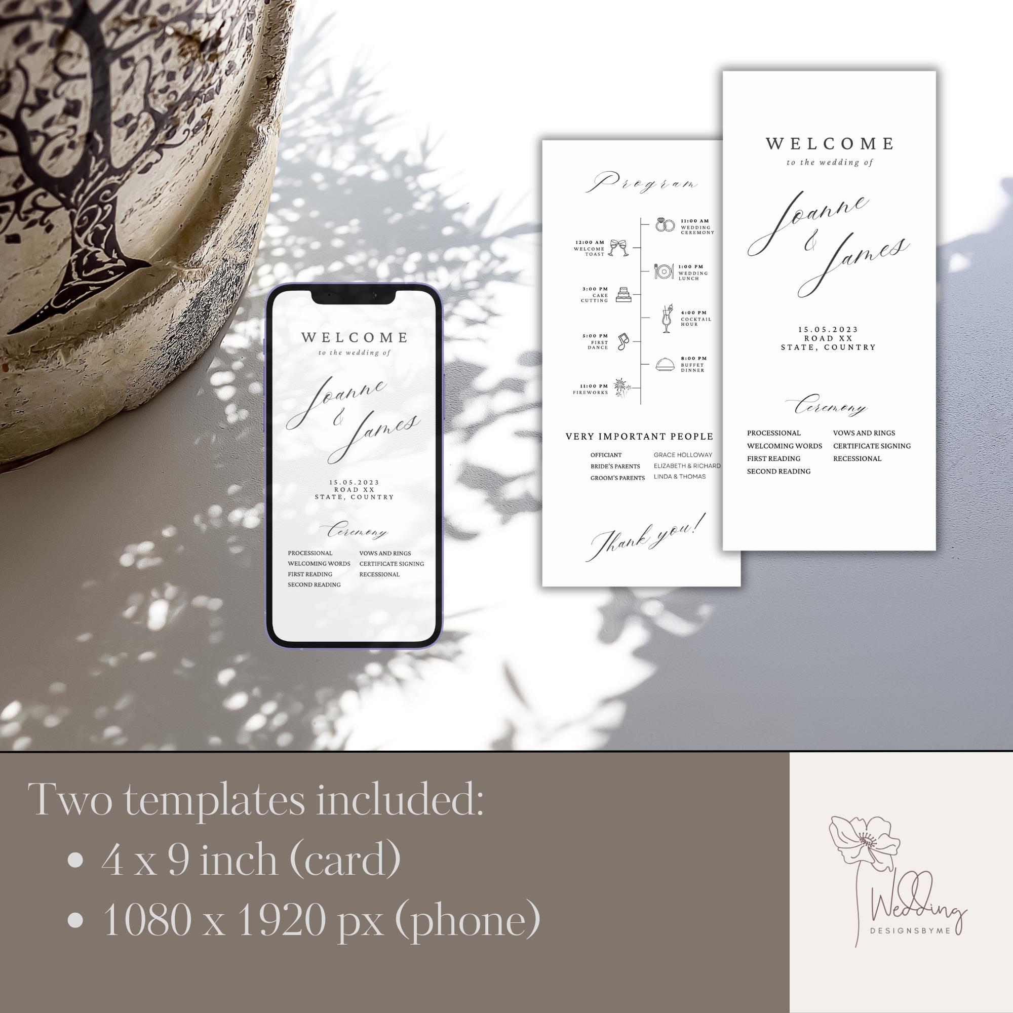 White Wedding Program Card Template, Minimal Ceremony Program, Editable ...
