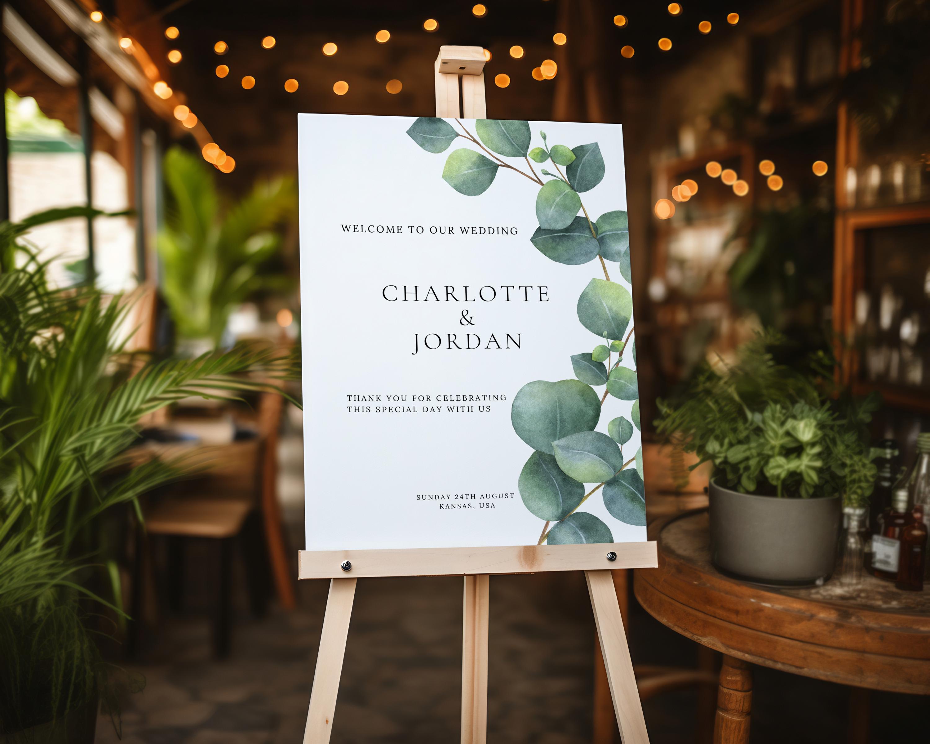 Image showcasing Green Welcome Sign Greenery Eucalyptus Wedding Entrance Signage Welcome ...