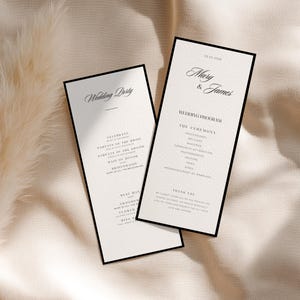 May include: Two wedding programs with black borders. The programs feature the text "Wedding Party" and "Mary & James" in a stylish script. The programs list the ceremony details and thank you notes.