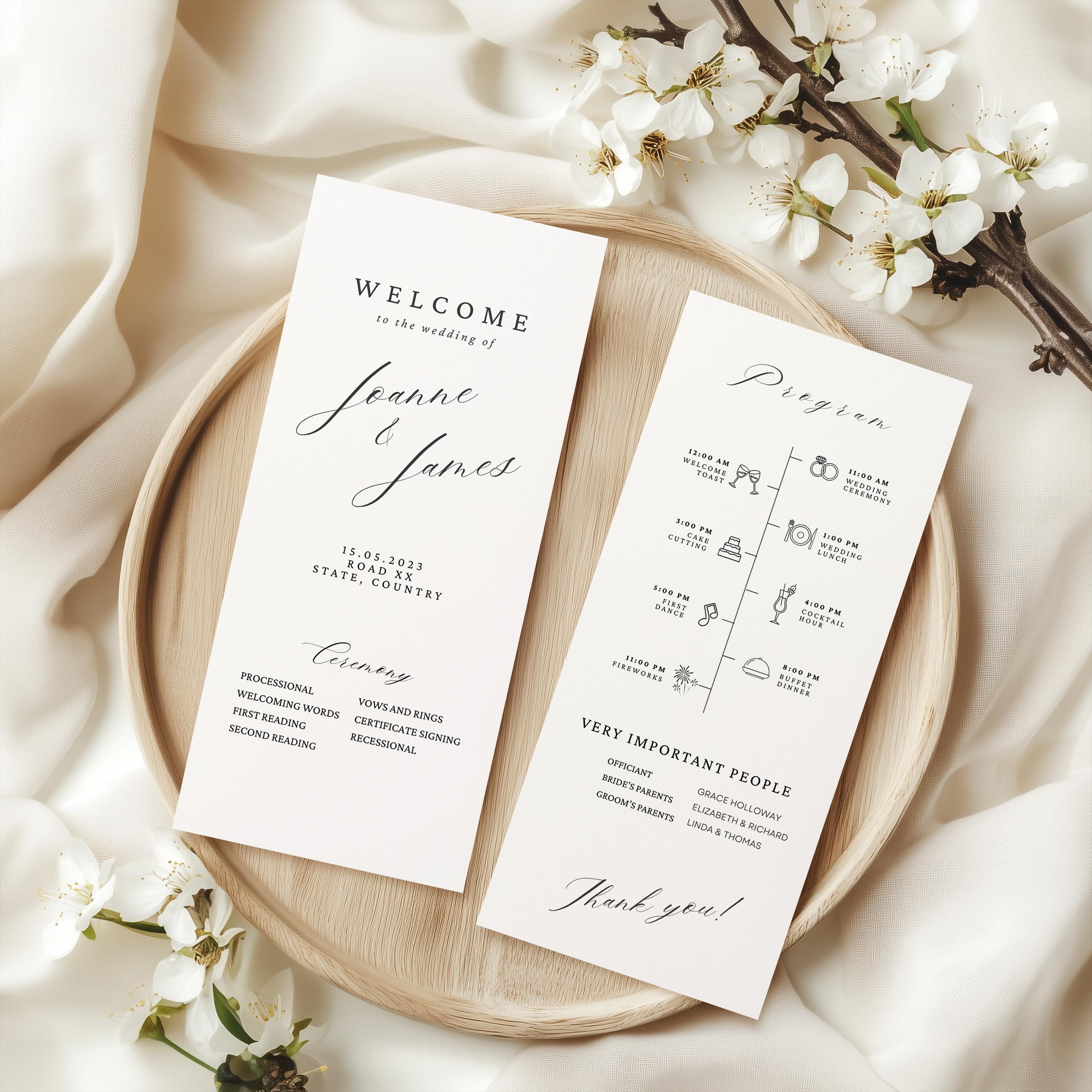 White Wedding Program Card Template, Minimal Ceremony Program, Editable ...