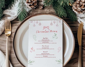 Christmas Menu Card Template, Holiday Dinner Menu, Festive Place Setting, Winter Wedding Reception, P19