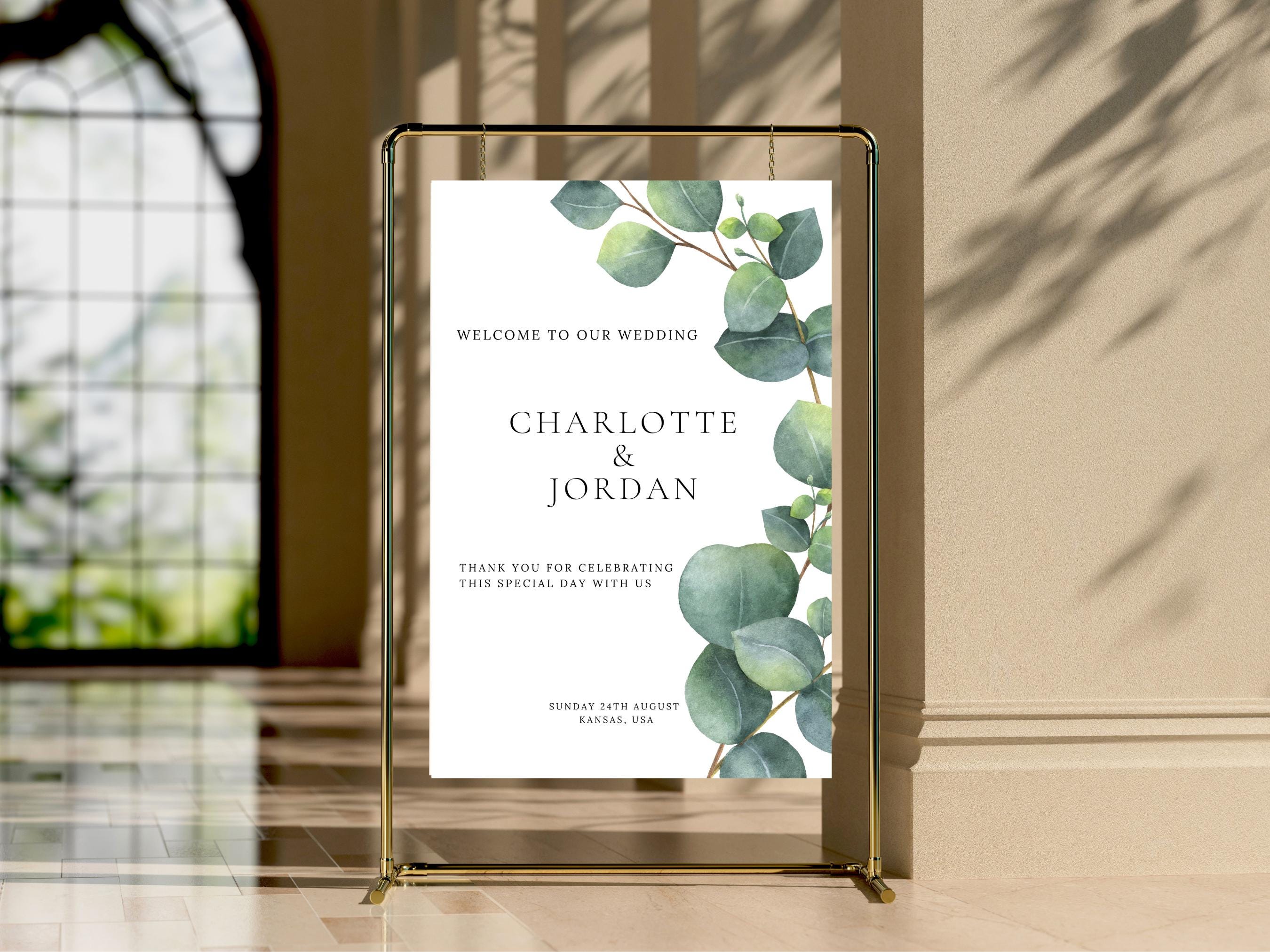 View of Green Welcome Sign Greenery Eucalyptus Wedding Entrance Signage Welcome ...