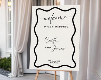 Wavy Wedding Welcome Sign Template, Editable Beige Entrance Signage, Printable Bridal Shower Welcome Board