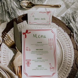 Paquete de tarjetas de lugar para menú navideño, tarjeta con nombre para mesa de fiesta navideña, menú caprichoso navideño, etiquetas de alimentos, plantilla editable para descarga instantánea