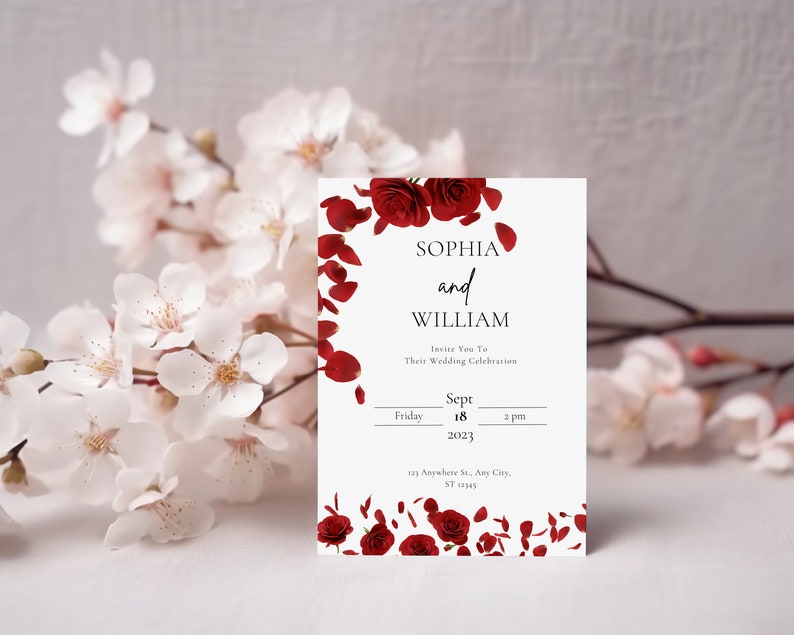 Red Rose Wedding Invite, Burgundy Invitation, Dark Rose Party Invites ...