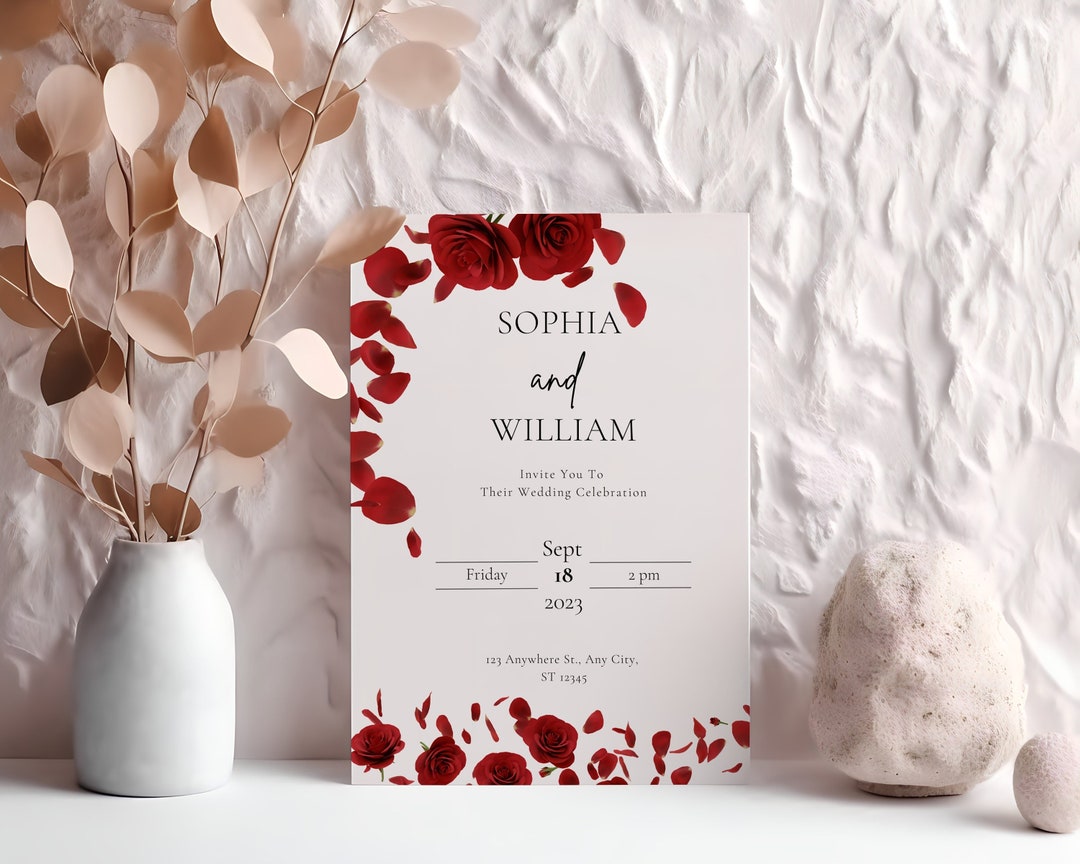 Red Rose Wedding Invite, Burgundy Invitation, Dark Rose Party Invites ...