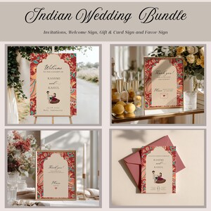 May include: An Indian wedding bundle featuring invitations, a welcome sign, a gift and card sign, and a favor sign. The stationery displays a red floral pattern with a cream-colored arch and text including "Welcome to the Sangeet of Rashmi and Rahul."