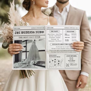 May include: A wedding newspaper held by a couple, featuring the headline "The Wedding News" and the date "Sunday 29th May 2023." The newspaper includes details about the wedding party, story, and fun facts. The names "Jane & Will" are also visible.