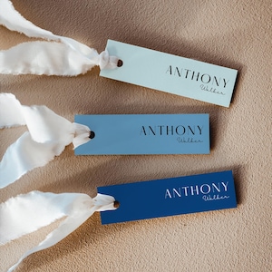 Segnaposto per matrimonio sottile, Segnaposto per baby shower blu, Segnaposto per evento stretto stampabile per addio al celibato, Segnaposto piccoli