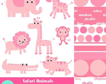 Clipart digital de la serie 3 de amigos animales de safari rosa