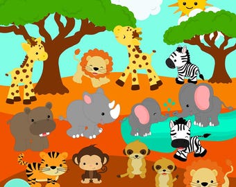 Conjunto de imágenes prediseñadas digitales de Safari Animal Friends