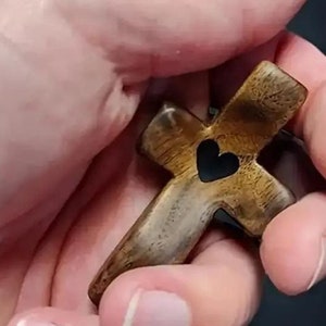 Handmade Cross my Heart Wooden Cross Pocket Cross Tiny Intericate Wood Carved Cross Small Holding  Faith Based Church event Baptism Gift