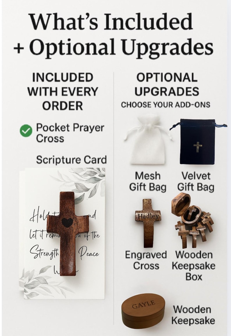 May include: Image showcasing a pocket prayer cross and scripture card included with every order. Optional upgrades include a mesh gift bag, velvet gift bag, engraved cross, wooden keepsake box, and wooden keepsake.