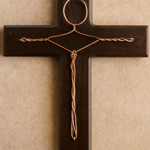 Handmade 10 Inch Wooden Wall Cross with Copper Wire Jesus – Rustic Christian Home Decor, Religious Gift for Housewarming, Baptism, Easter
