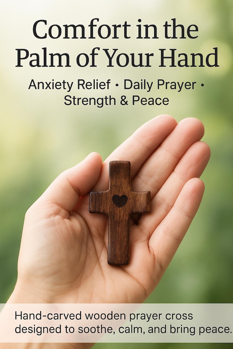 May include: A hand-carved wooden prayer cross with a heart-shaped cutout, held in an open palm. The cross is dark brown and the image includes the text "Comfort in the Palm of Your Hand" and "Anxiety Relief &bull; Daily Prayer &bull; Strength & Peace."