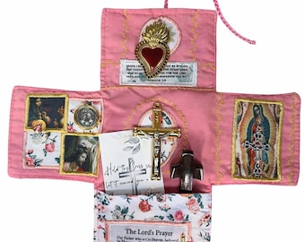 Handmade Christian Travel Altar • Sacred Heart Devotional Prayer Kit with Rosary Medals • Portable Pocket Altar Gift with Cross