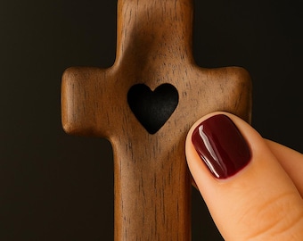 Personalized Worry Stone Cross | Engraved Wooden Comfort Gift for Anxiety, Prayer, Grief, Baptism, Christian Fidget, Pocket Cross
