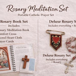 May include: A Rosary Meditation Set with a portable Catholic prayer set theme. The image displays a Rosary Book Set with a book, cross, cloth, and prayer cards. A Deluxe Rosary Set includes a rosary, a heart-shaped pin, and other items.
