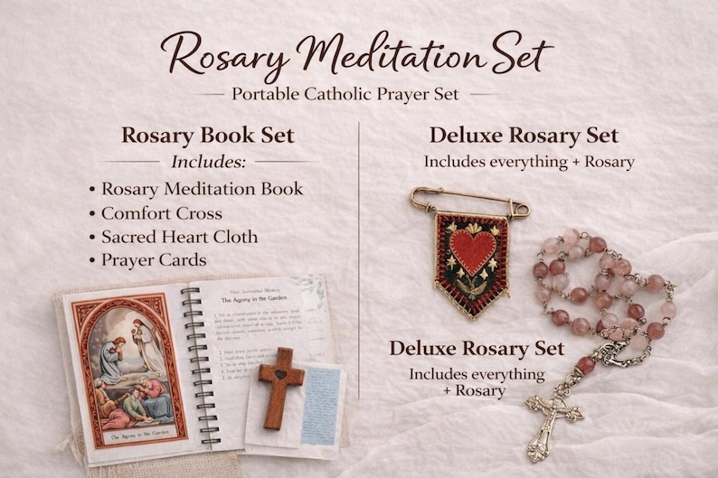 May include: A Rosary Meditation Set with a portable Catholic prayer set theme. The image displays a Rosary Book Set with a book, cross, cloth, and prayer cards. A Deluxe Rosary Set includes a rosary, a heart-shaped pin, and other items.