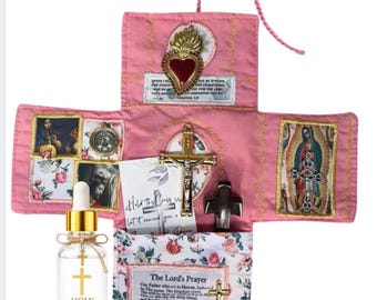 Handmade Christian Travel Altar • Sacred Heart Devotional Prayer Set with Rosary, Holy Water & Pocket Cross • Portable Prayer Corner Set
