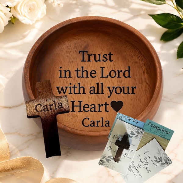 Personalized Rosary Holder & Pocket Cross • Engraved Wood Prayer Bowl • Christian Gift for Her • Faith Keepsake • Religious Home Decor