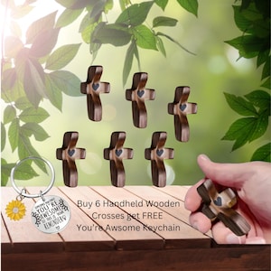 Set of 6 Pocket Wooden Crosses Gift Ready – Christian Encouragement Gift for Women, Bible Study, Small Group, Free Sunflower Keychain