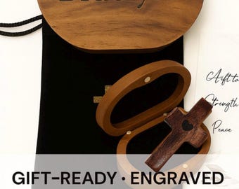 Engraved Wooden Cross Keepsake Box Set • Personalized Prayer Cross Gift • Christian Comfort Gift with Velvet Bag & Scripture Card