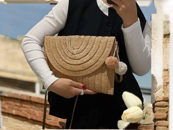 Handmade Straw Beach Shoulder Crossbody Bag Girls Envelope Woven Summer Small Hair Ball Cluth Etsy Australia