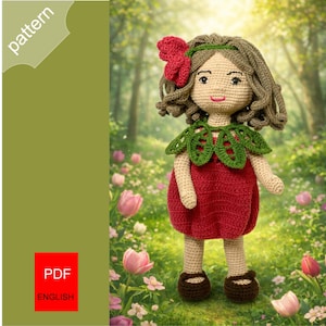 May include: A handmade crochet doll with a red dress, green collar, and brown shoes. The doll has brown curly hair, a red flower, and a green headband. The background is a blurred image of a flower garden. The image includes the text "pattern" and "PDF ENGLISH".