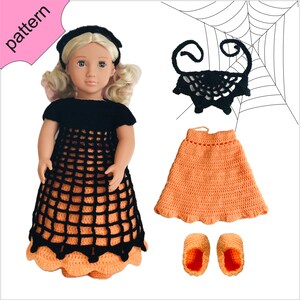 May include: A crochet doll outfit for Halloween, featuring a black and orange spiderweb dress, a black spiderweb headband, an orange skirt, and orange booties.