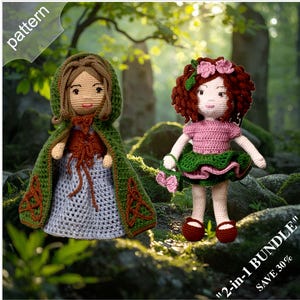 Puede incluir: Dos muñecas de ganchillo hechas a mano. Una muñeca lleva una capa con capucha verde con ribete marrón y un vestido gris. La otra muñeca viste un top rosa y una falda verde, con una corona de flores. Incluye el texto "2-in-1 BUNDLE" y "SAVE 30%".