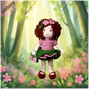 May include: A handmade crochet doll with curly brown hair, wearing a pink top and a green skirt. The doll has a matching purse and brown shoes. The word "pattern" is in the upper left corner.