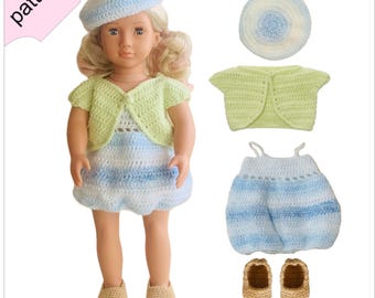 Crochet Doll Clothes Pattern ''HAZEL'' 18 Inch Blue Dress, Shoes Hat and Jacket