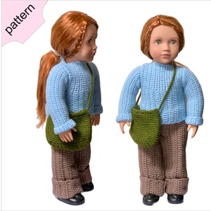 May include: A doll wearing a light blue crochet sweater, brown crochet pants, and a green crochet purse. The doll has red hair and black shoes. The word "pattern" is in the upper left corner.