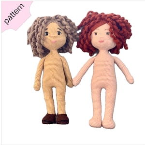 May include: Two handmade crochet dolls with curly hair. One doll has brown hair and brown shoes, the other has red hair. Both dolls are holding hands and have neutral skin tones. The word "pattern" is in a pink bubble in the upper left corner.